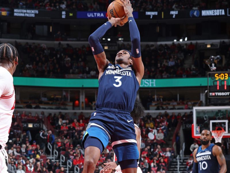 CHICAGO, IL - FEBRUARY 6: Jaden McDaniels #3 of the Minnesota Timberwolves shoots the ball during the game against the Chicago Bulls on February 6, 2024 at United Center in Chicago, Illinois. NOTE TO USER: User expressly acknowledges and agrees that, by downloading and or using this photograph, User is consenting to the terms and conditions of the Getty Images License Agreement. Mandatory Copyright Notice: Copyright 2024 NBAE (Photo by Jeff Haynes/NBAE via Getty Images)