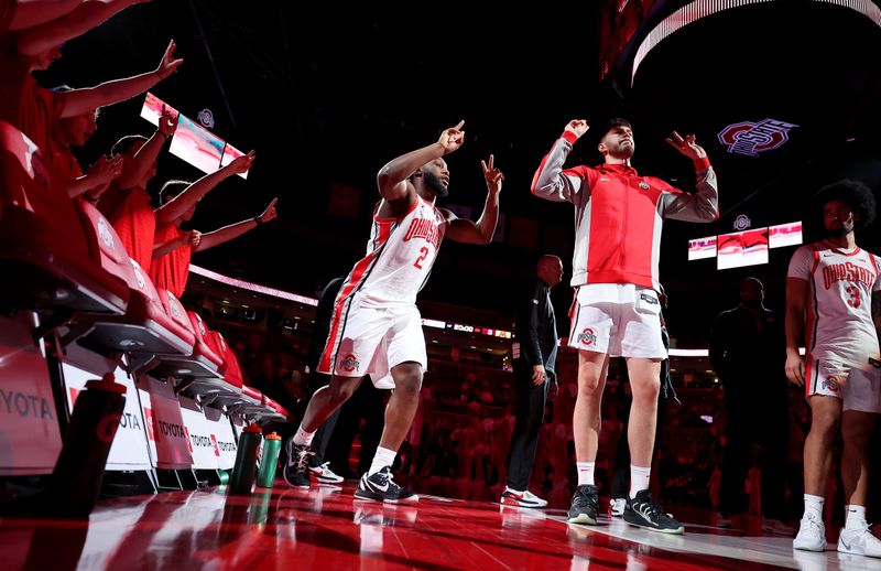 Jan 20, 2026; Columbus, Ohio, USA;  Ohio State Buckeyes guard Bruce Thornton (2) takes the court before the game against the Minnesota Golden Gophers at Value City Arena. Mandatory Credit: Joseph Maiorana-Imagn Images