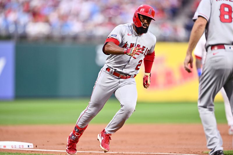 Aug 29, 2023; Philadelphia, Pennsylvania, USA; Los Angeles Angels shortstop Luis Rengifo (2) rounds the bases after hitting a home run against the Philadelphia Phillies in the second inning at Citizens Bank Park. Mandatory Credit: Kyle Ross-USA TODAY Sports