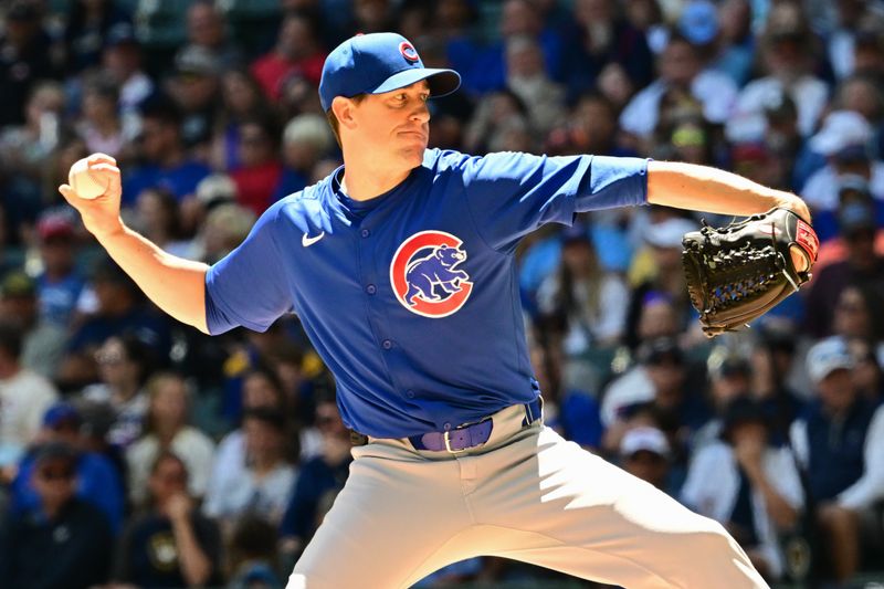 Jun 30, 2024; Milwaukee, Wisconsin, USA; Chicago Cubs starting pitcher Kyle Hendricks (28) throws a pitch against the Milwaukee Brewers in the first inning at American Family Field. Mandatory Credit: Benny Sieu-USA TODAY Sports