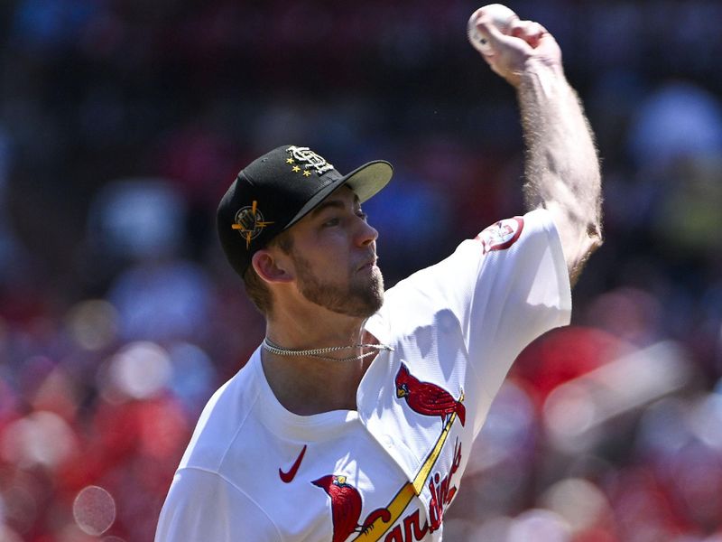 May 19, 2024; St. Louis, Missouri, USA;  St. Louis Cardinals starting pitcher Matthew Liberatore (52) pitches against the Boston Red Sox during the first inning at Busch Stadium. Mandatory Credit: Jeff Curry-USA TODAY Sports