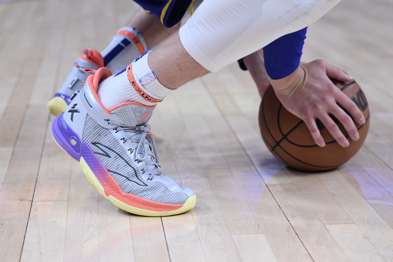 SAN FRANCISCO, CA - APRIL 14: The sneakers worn by Klay Thompson #11 of the Golden State Warriors before the game against the Utah Jazz on April 14, 2024 at Chase Center in San Francisco, California. NOTE TO USER: User expressly acknowledges and agrees that, by downloading and or using this photograph, user is consenting to the terms and conditions of Getty Images License Agreement. Mandatory Copyright Notice: Copyright 2024 NBAE (Photo by Noah Graham/NBAE via Getty Images)