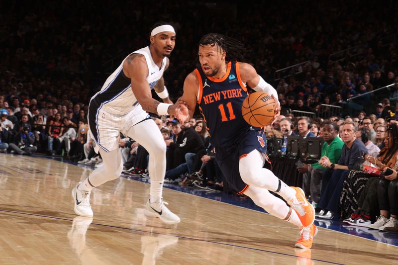 NEW YORK, NY - MARCH 8: Jalen Brunson #11 of the New York Knicks dribbles the ball during the game against the Orlando Magic on March 8, 2024 at Madison Square Garden in New York City, New York.  NOTE TO USER: User expressly acknowledges and agrees that, by downloading and or using this photograph, User is consenting to the terms and conditions of the Getty Images License Agreement. Mandatory Copyright Notice: Copyright 2024 NBAE  (Photo by Nathaniel S. Butler/NBAE via Getty Images)