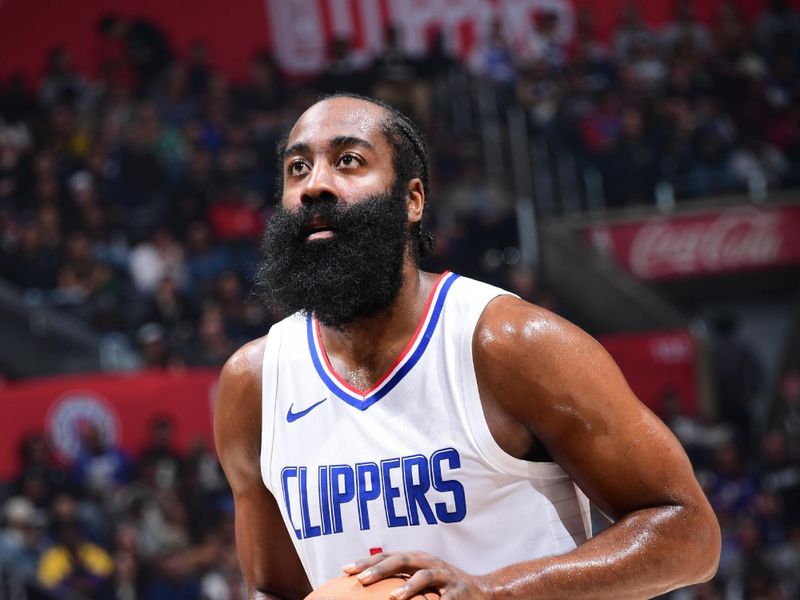 LOS ANGELES, CA - FEBRUARY 25: James Harden #1 of the LA Clippers shoots a free throw during the game against the Sacramento Kings on February 25, 2024 at Crypto.Com Arena in Los Angeles, California. NOTE TO USER: User expressly acknowledges and agrees that, by downloading and/or using this Photograph, user is consenting to the terms and conditions of the Getty Images License Agreement. Mandatory Copyright Notice: Copyright 2024 NBAE (Photo by Adam Pantozzi/NBAE via Getty Images)