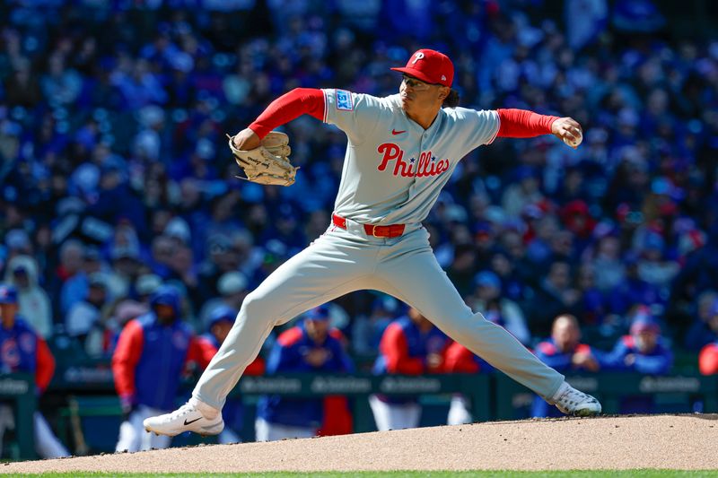 Apr 26, 2025; Chicago, Illinois, USA; Philadelphia Phillies starting pitcher Jesús Luzardo (44) delivers a pitch against the Chicago Cubs during the first inning at Wrigley Field. Mandatory Credit: Kamil Krzaczynski-Imagn Images