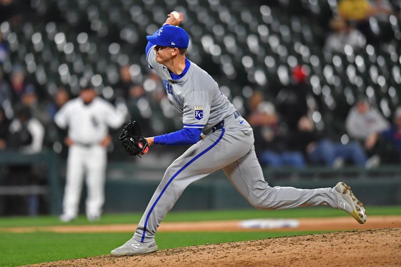 Apr 15, 2024; Chicago, Illinois, USA; Kansas City Royals relief pitcher James McArthur (66) during the ninth inning against the Chicago White Sox at Guaranteed Rate Field. Mandatory Credit: Patrick Gorski-USA TODAY Sports