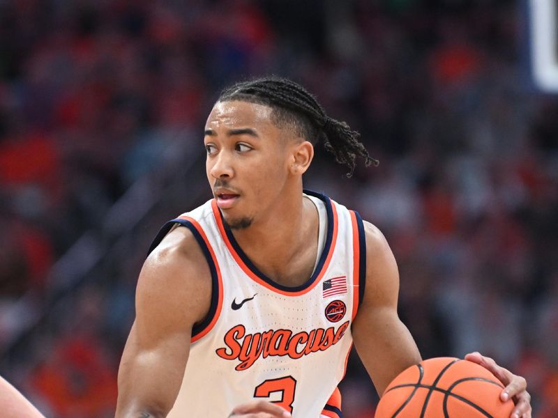 Feb 27, 2024; Syracuse, New York, USA; Syracuse Orange guard Judah Mintz (3) brings the ball up court in the second half against the Virginia Tech Hokies at the JMA Wireless Dome. Mandatory Credit: Mark Konezny-USA TODAY Sports