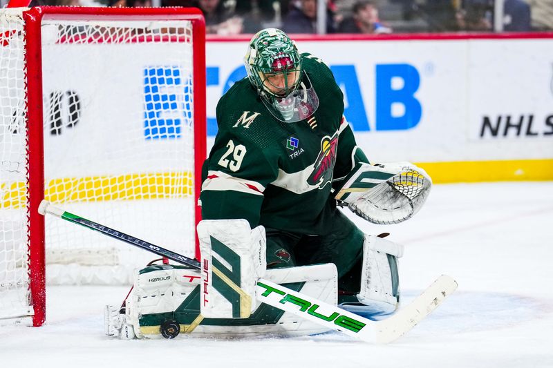 Jan 15, 2024; Saint Paul, Minnesota, USA; Minnesota Wild goaltender Marc-Andre Fleury (29) makes a save during the third period against the New York Islanders at Xcel Energy Center. Mandatory Credit: Brace Hemmelgarn-USA TODAY Sports