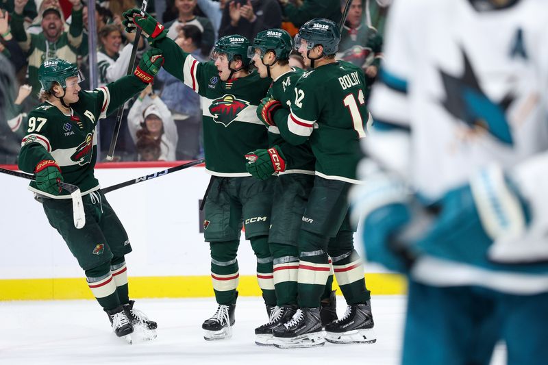 Oct 26, 2025; Saint Paul, Minnesota, USA; Minnesota Wild center Joel Eriksson Ek (14) celebrates his game tying goal against the San Jose Sharks during the third period at Grand Casino Arena. Mandatory Credit: Matt Krohn-Imagn Images