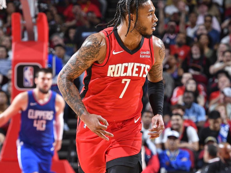 HOUSTON, TX - MARCH 6: Cam Whitmore #7 of the Houston Rockets celebrates three point basket during the game against the LA Clippers on March 6, 2024 at the Toyota Center in Houston, Texas. NOTE TO USER: User expressly acknowledges and agrees that, by downloading and or using this photograph, User is consenting to the terms and conditions of the Getty Images License Agreement. Mandatory Copyright Notice: Copyright 2024 NBAE (Photo by Logan Riely/NBAE via Getty Images)