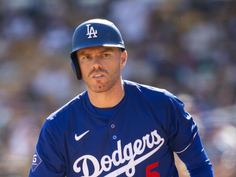 Feb 23, 2024; Phoenix, Arizona, USA; Los Angeles Dodgers first baseman Freddie Freeman against the San Diego Padres during a spring training game at Camelback Ranch-Glendale. Mandatory Credit: Mark J. Rebilas-USA TODAY Sports