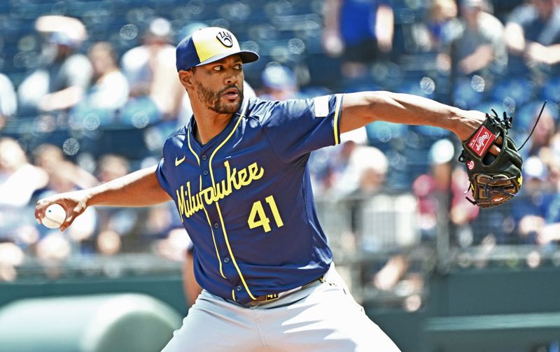 May 8, 2024; Kansas City, Missouri, USA;  Milwaukee Brewers starting pitcher Joe Ross (41) delivers a pitch in the first inning against the Kansas City Royals at Kauffman Stadium. Mandatory Credit: Peter Aiken-USA TODAY Sports