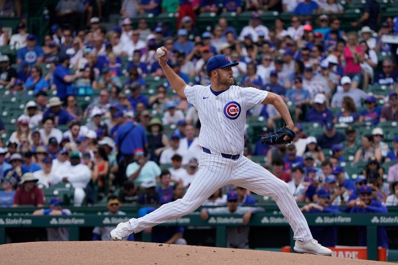 Jun 22, 2024; Chicago, Illinois, USA; Chicago Cubs pitcher Jameson Taillon (50) throws the ball against the New York Mets during the first inning at Wrigley Field. Mandatory Credit: David Banks-USA TODAY Sports