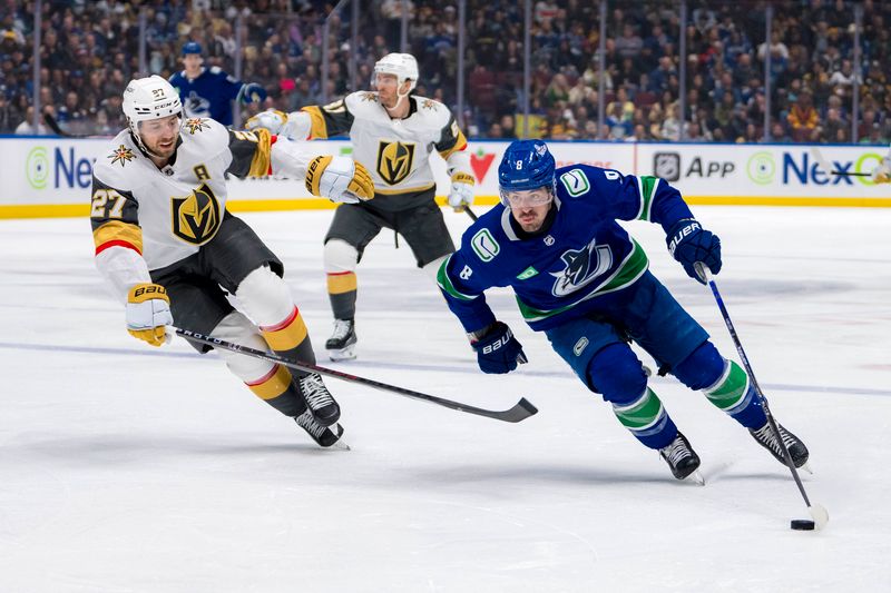 Apr 8, 2024; Vancouver, British Columbia, CAN; Vancouver Canucks forward Conor Garland (8) drives past Vegas Golden Knights defenseman Shea Theodore (27) in the third period at Rogers Arena. Canucks won 4 -3. Mandatory Credit: Bob Frid-USA TODAY Sports