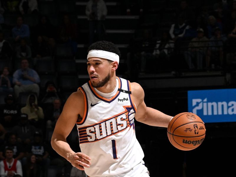 MEMPHIS, TN - FEBRUARY 25: Devin Booker #1 of the Phoenix Suns handles the ball during the game against the Memphis Grizzlies on February 25, 2025 at FedExForum in Memphis, Tennessee. NOTE TO USER: User expressly acknowledges and agrees that, by downloading and or using this photograph, User is consenting to the terms and conditions of the Getty Images License Agreement. Mandatory Copyright Notice: Copyright 2025 NBAE(Photo by Grant Burke/NBAE via Getty Images)