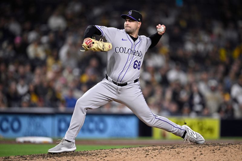 May 13, 2024; San Diego, California, USA; Colorado Rockies relief pitcher Jalen Beeks (68) throws a pitch against the San Diego Padres during the ninth inning at Petco Park. Mandatory Credit: Orlando Ramirez-USA TODAY Sports