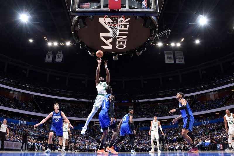 ORLANDO, FL - APRIL 27:  Jaylen Brown #7 of the Boston Celtics shoots the ball during the game against the Orlando Magic  during Round 1 Game 4 of the 2025 NBA Playoffs on April 27, 2025 at Kia Center in Orlando, Florida. NOTE TO USER: User expressly acknowledges and agrees that, by downloading and or using this photograph, User is consenting to the terms and conditions of the Getty Images License Agreement. Mandatory Copyright Notice: Copyright 2025 NBAE (Photo by Fernando Medina/NBAE via Getty Images)