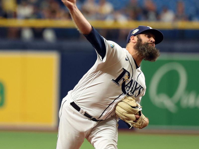 Sep 21, 2023; St. Petersburg, Florida, USA; Tampa Bay Rays relief pitcher Andrew Kittredge (36) throws a pitch against the Los Angeles Angels during the ninth inning at Tropicana Field. Mandatory Credit: Kim Klement Neitzel-USA TODAY Sports