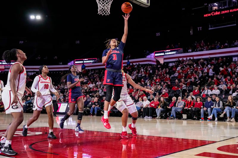 Jan 21, 2024; Athens, Georgia, USA; Ole Miss Rebels guard Kennedy Todd-Williams (3) shoots against the Georgia Bulldogs during the second half at Stegeman Coliseum. Mandatory Credit: Dale Zanine-USA TODAY Sports