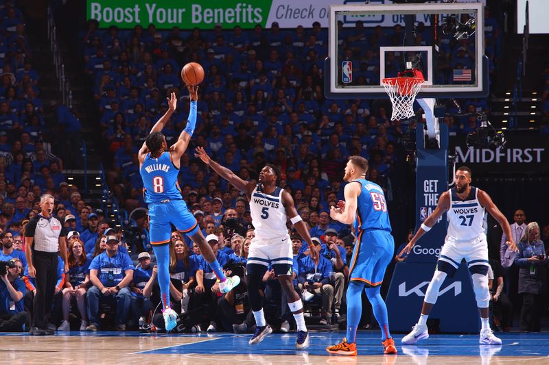 OKLAHOMA CITY, OK - MAY 22: Jalen Williams #8 of the Oklahoma City Thunder shoots the ball during the game against the Minnesota Timberwolves during Game Two of the Western Conference Finals on May 22, 2025 at Paycom Center in Oklahoma City, Oklahoma. NOTE TO USER: User expressly acknowledges and agrees that, by downloading and or using this photograph, User is consenting to the terms and conditions of the Getty Images License Agreement. Mandatory Copyright Notice: Copyright 2025 NBAE (Photo by Zach Beeker/NBAE via Getty Images)