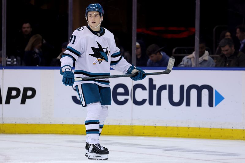 Nov 14, 2024; New York, New York, USA; San Jose Sharks center Macklin Celebrini (71) skates against the New York Rangers during the third period at Madison Square Garden. Mandatory Credit: Brad Penner-Imagn Images