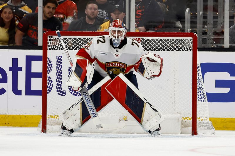 Mar 11, 2025; Boston, Massachusetts, USA; Florida Panthers goaltender Sergei Bobrovsky (72) in goal against the Boston Bruins during the second period at TD Garden. Mandatory Credit: Winslow Townson-Imagn Images