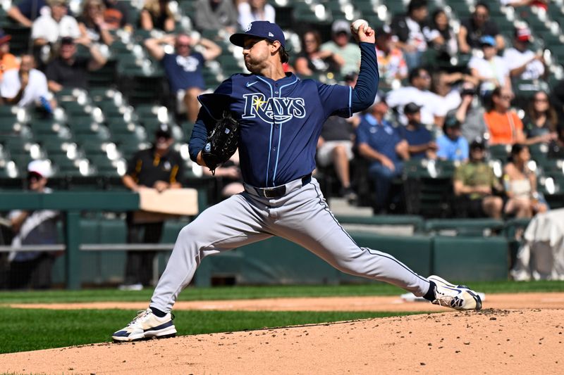Sep 11, 2025; Chicago, Illinois, USA;  Tampa Bay Rays pitcher Ian Seymour (61) delivers against the Chicago White Sox during the first inning at Rate Field. Mandatory Credit: Matt Marton-Imagn Images