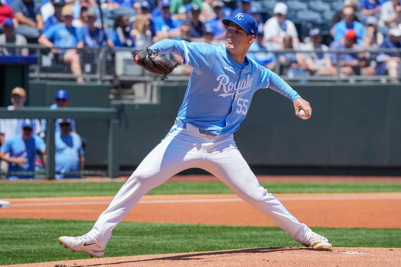 May 22, 2024; Kansas City, Missouri, USA; Kansas City Royals starting pitcher Cole Ragans (55) delivers a pitch against the Detroit Tigers in the first inning at Kauffman Stadium. Mandatory Credit: Denny Medley-USA TODAY Sports