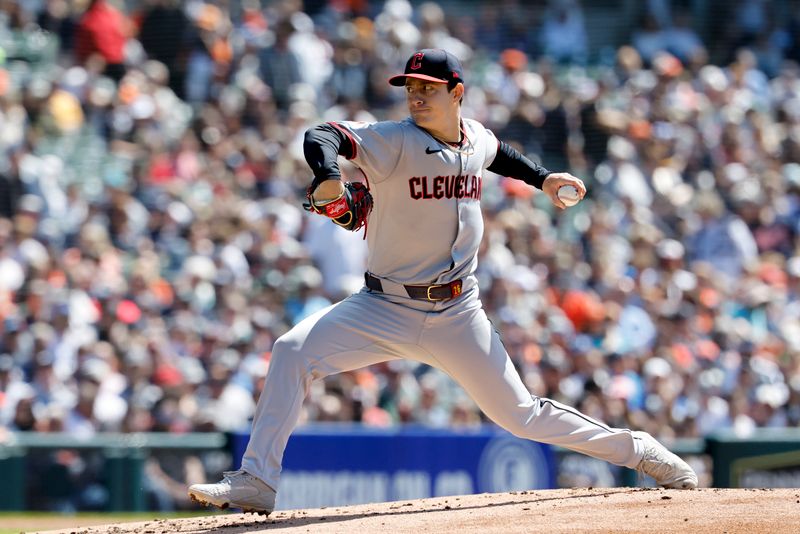 May 25, 2025; Detroit, Michigan, USA;  Cleveland Guardians pitcher Logan Allen (26) pitches first inning against the Detroit Tigers at Comerica Park. Mandatory Credit: Rick Osentoski-Imagn Images