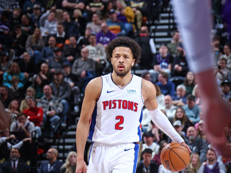 SALT LAKE CITY, UT - JANUARY 1: Cade Cunningham #2 of the Detroit Pistons dribbles the ball during the game against the Utah Jazz on January 1, 2024 at vivint.SmartHome Arena in Salt Lake City, Utah. NOTE TO USER: User expressly acknowledges and agrees that, by downloading and or using this Photograph, User is consenting to the terms and conditions of the Getty Images License Agreement. Mandatory Copyright Notice: Copyright 2023 NBAE (Photo by Melissa Majchrzak/NBAE via Getty Images)