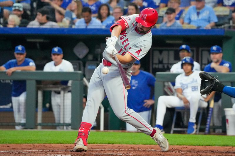 Aug 20, 2024; Kansas City, Missouri, USA; Los Angeles Angels first base Nolan Schanuel (18) hits a double against the Kansas City Royals in the fourth inning at Kauffman Stadium. Mandatory Credit: Denny Medley-USA TODAY Sports