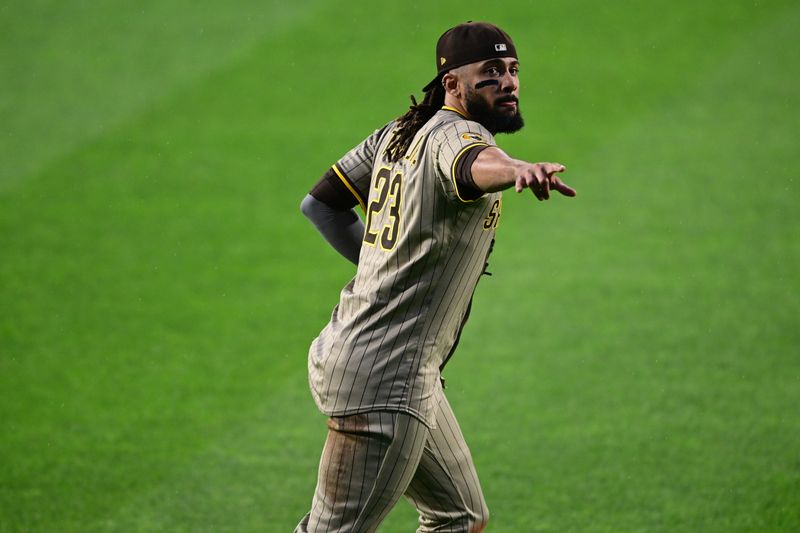 May 3, 2025; Pittsburgh, Pennsylvania, USA; San Diego Padres right fielder Fernando Tatis Jr. (23) points to the fans after the Padres defeated the Pittsburgh Pirates at PNC Park. Mandatory Credit: David Dermer-Imagn Images