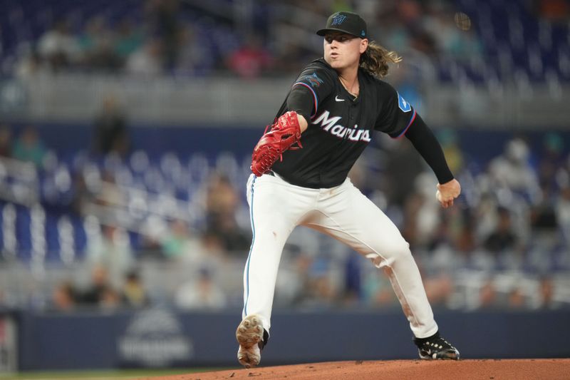 Jun 7, 2024; Miami, Florida, USA;  Miami Marlins starting pitcher Ryan Weathers (60) pitches in the first inning against the Cleveland Guardians at loanDepot Park. Mandatory Credit: Jim Rassol-USA TODAY Sports