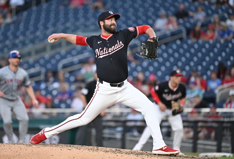 Jul 2, 2024; Washington, District of Columbia, USA; Washington Nationals relief pitcher Dylan Floro (44) throws a pitch against the New York Mets during the sixth inning at Nationals Park. Mandatory Credit: Rafael Suanes-USA TODAY Sports