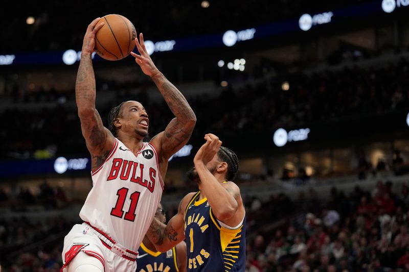 CHICAGO, ILLINOIS - MARCH 27: DeMar DeRozan #11 of the Chicago Bulls shoots the ball against Obi Toppin #1 of the Indiana Pacers during the first half at the United Center on March 27, 2024 in Chicago, Illinois. NOTE TO USER: User expressly acknowledges and agrees that, by downloading and or using this photograph, User is consenting to the terms and conditions of the Getty Images License Agreement. (Photo by Patrick McDermott/Getty Images)