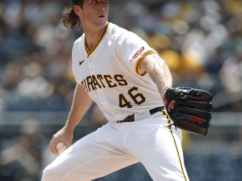 Aug 18, 2024; Pittsburgh, Pennsylvania, USA;  Pittsburgh Pirates starting pitcher Jake Woodford (46) delivers a pitch against the Seattle Mariners during the first inning at PNC Park. Mandatory Credit: Charles LeClaire-USA TODAY Sports