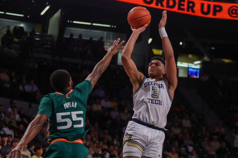 Jan 4, 2023; Atlanta, Georgia, USA; Georgia Tech Yellow Jackets guard Dallan Coleman (3) shoots over Miami Hurricanes guard Wooga Poplar (55) in the second half at McCamish Pavilion. Mandatory Credit: Brett Davis-USA TODAY Sports