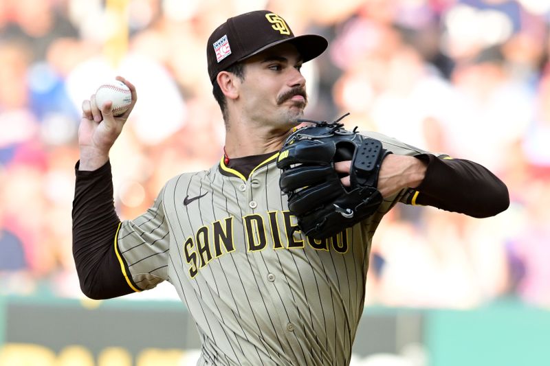 Jul 20, 2024; Cleveland, Ohio, USA; San Diego Padres starting pitcher Dylan Cease (84) throws a pitch during the first inning against the Cleveland Guardians at Progressive Field. Mandatory Credit: Ken Blaze-USA TODAY Sports