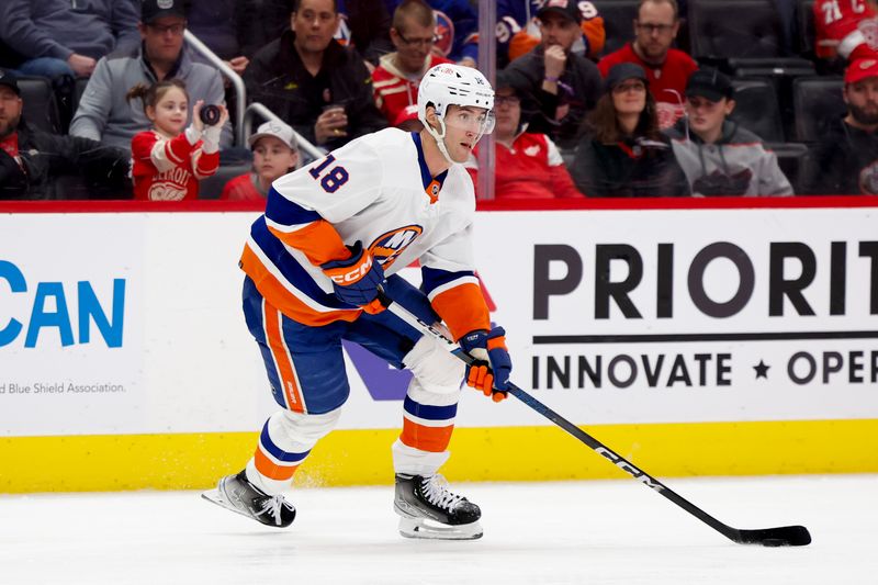 Feb 29, 2024; Detroit, Michigan, USA;  New York Islanders left wing Pierre Engvall (18) skates with the puck in the third period against the Detroit Red Wings at Little Caesars Arena. Mandatory Credit: Rick Osentoski-USA TODAY Sports