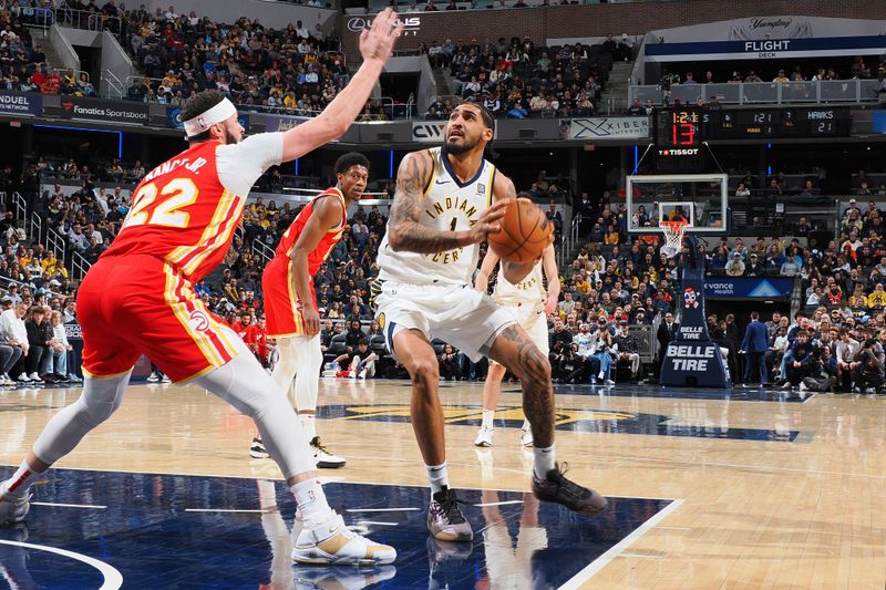 INDIANAPOLIS, IN - FEBRUARY 1: Obi Toppin #1 of the Indiana Pacers drives to the basket during the game against the Atlanta Hawks on February 1, 2025 at Gainbridge Fieldhouse in Indianapolis, Indiana. NOTE TO USER: User expressly acknowledges and agrees that, by downloading and or using this Photograph, user is consenting to the terms and conditions of the Getty Images License Agreement. Mandatory Copyright Notice: Copyright 2025 NBAE (Photo by Ron Hoskins/NBAE via Getty Images)