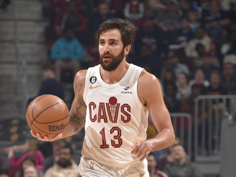 CLEVELAND, OH - APRIL 9: Ricky Rubio #13 of the Cleveland Cavaliers dribbles the ball during the game against the Charlotte Hornets on April 9, 2023 at Rocket Mortgage FieldHouse in Cleveland, Ohio. NOTE TO USER: User expressly acknowledges and agrees that, by downloading and/or using this Photograph, user is consenting to the terms and conditions of the Getty Images License Agreement. Mandatory Copyright Notice: Copyright 2023 NBAE (Photo by David Liam Kyle/NBAE via Getty Images)