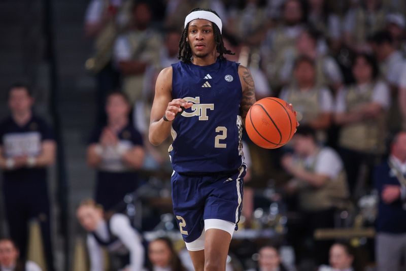 Feb 1, 2025; Atlanta, Georgia, USA; Georgia Tech Yellow Jackets guard Javian McCollum (2) dribbles against the Louisville Cardinals in the second half at McCamish Pavilion. Mandatory Credit: Brett Davis-Imagn Images
