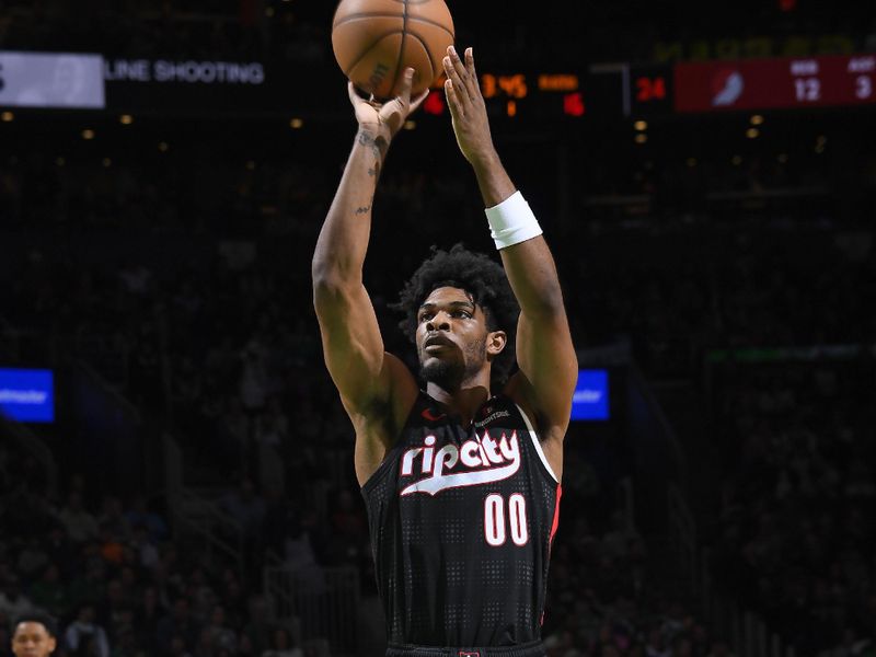 BOSTON, MA - MARCH 5: Scoot Henderson #00 of the Portland Trail Blazers shoots a foul shot against the Boston Celtics on March 5, 2025 at TD Garden in Boston, Massachusetts. NOTE TO USER: User expressly acknowledges and agrees that, by downloading and/or using this Photograph, user is consenting to the terms and conditions of the Getty Images License Agreement. Mandatory Copyright Notice: Copyright 2025 NBAE (Photo by Brian Babineau/NBAE via Getty Images)