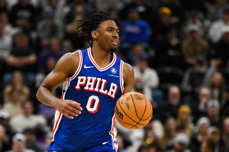 SALT LAKE CITY, UTAH - FEBRUARY 01: Tyrese Maxey #0 of the Philadelphia 76ers in action during the second half against the Utah Jazz at Delta Center on February 01, 2024 in Salt Lake City, Utah. NOTE TO USER: User expressly acknowledges and agrees that, by downloading and or using this photograph, User is consenting to the terms and conditions of the Getty Images License Agreement. (Photo by Alex Goodlett/Getty Images)