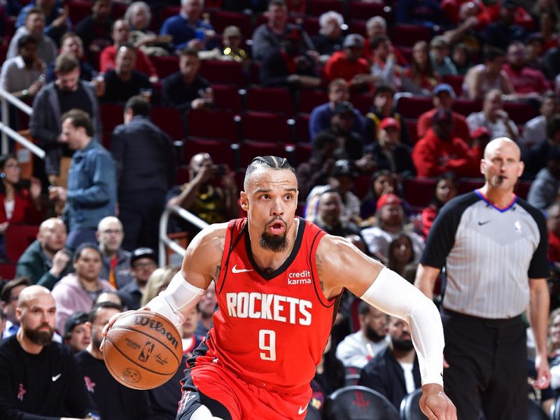 HOUSTON, TX - JANUARY 29: Dillon Brooks #9 of the Houston Rockets dribbles the ball during the game against the Los Angeles Lakers  on January 29, 2024 at the Toyota Center in Houston, Texas. NOTE TO USER: User expressly acknowledges and agrees that, by downloading and or using this photograph, User is consenting to the terms and conditions of the Getty Images License Agreement. Mandatory Copyright Notice: Copyright 2024 NBAE (Photo by Logan Riely/NBAE via Getty Images)