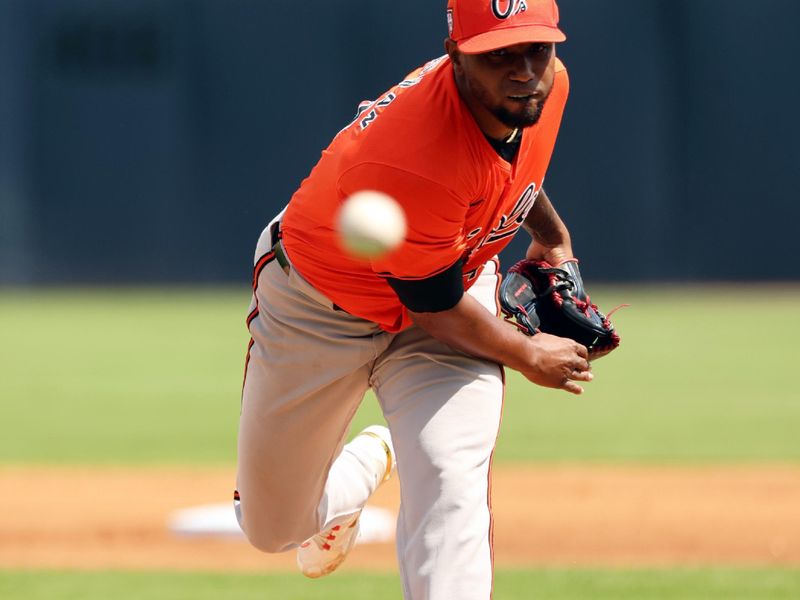 Mar 11, 2024; Tampa, Florida, USA; Baltimore Orioles pitcher Julio Teheran (49) throws a pitch during the first inning against the New York Yankees at George M. Steinbrenner Field. Mandatory Credit: Kim Klement Neitzel-USA TODAY Sports