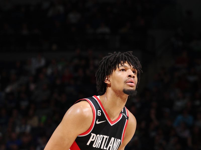 MINNEAPOLIS, MN -  APRIL 2: Shaedon Sharpe #17 of the Portland Trail Blazers shoots a free throw during the game against the Minnesota Timberwolves on April 2, 2023 at Target Center in Minneapolis, Minnesota. NOTE TO USER: User expressly acknowledges and agrees that, by downloading and or using this Photograph, user is consenting to the terms and conditions of the Getty Images License Agreement. Mandatory Copyright Notice: Copyright 2023 NBAE (Photo by David Sherman/NBAE via Getty Images)