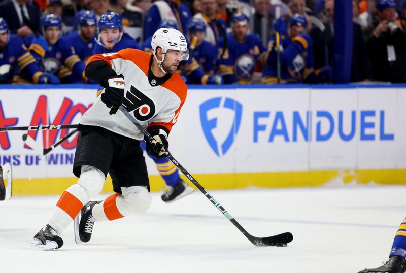 Apr 5, 2024; Buffalo, New York, USA;  Philadelphia Flyers center Ryan Poehling (25) looks to make a pass during the first period against the Buffalo Sabres at KeyBank Center. Mandatory Credit: Timothy T. Ludwig-USA TODAY Sports