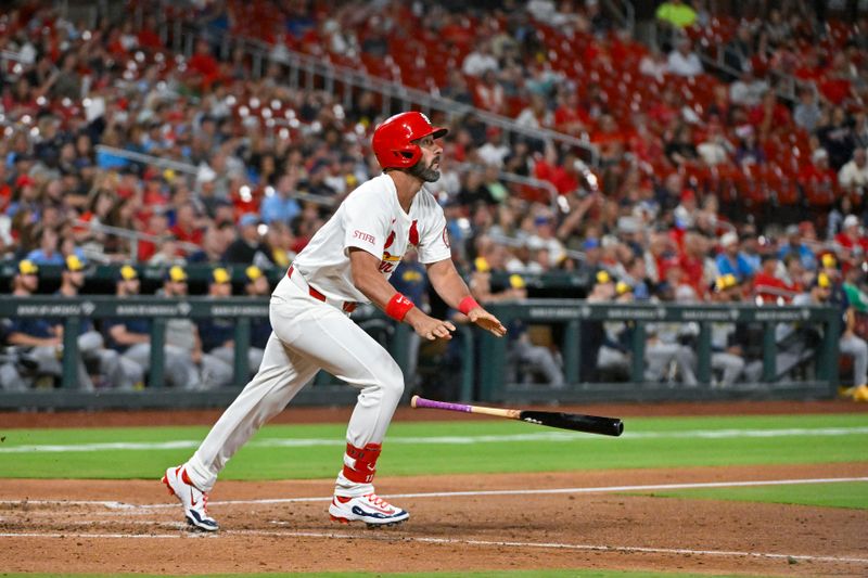 Aug 20, 2024; St. Louis, Missouri, USA;  St. Louis Cardinals pinch hitter Matt Carpenter (13) hits a two run home run against the Milwaukee Brewers during the eighth inning at Busch Stadium. Mandatory Credit: Jeff Curry-USA TODAY Sports