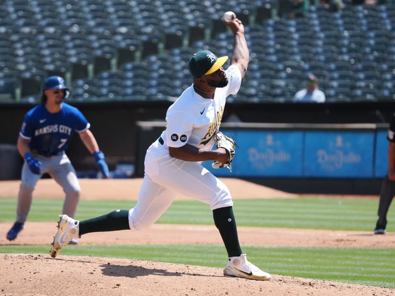 Aug 23, 2023; Oakland, California, USA; Oakland Athletics relief pitcher Francisco Perez (60) pitches the ball against the Kansas City Royals during the third inning at Oakland-Alameda County Coliseum. Mandatory Credit: Kelley L Cox-USA TODAY Sports